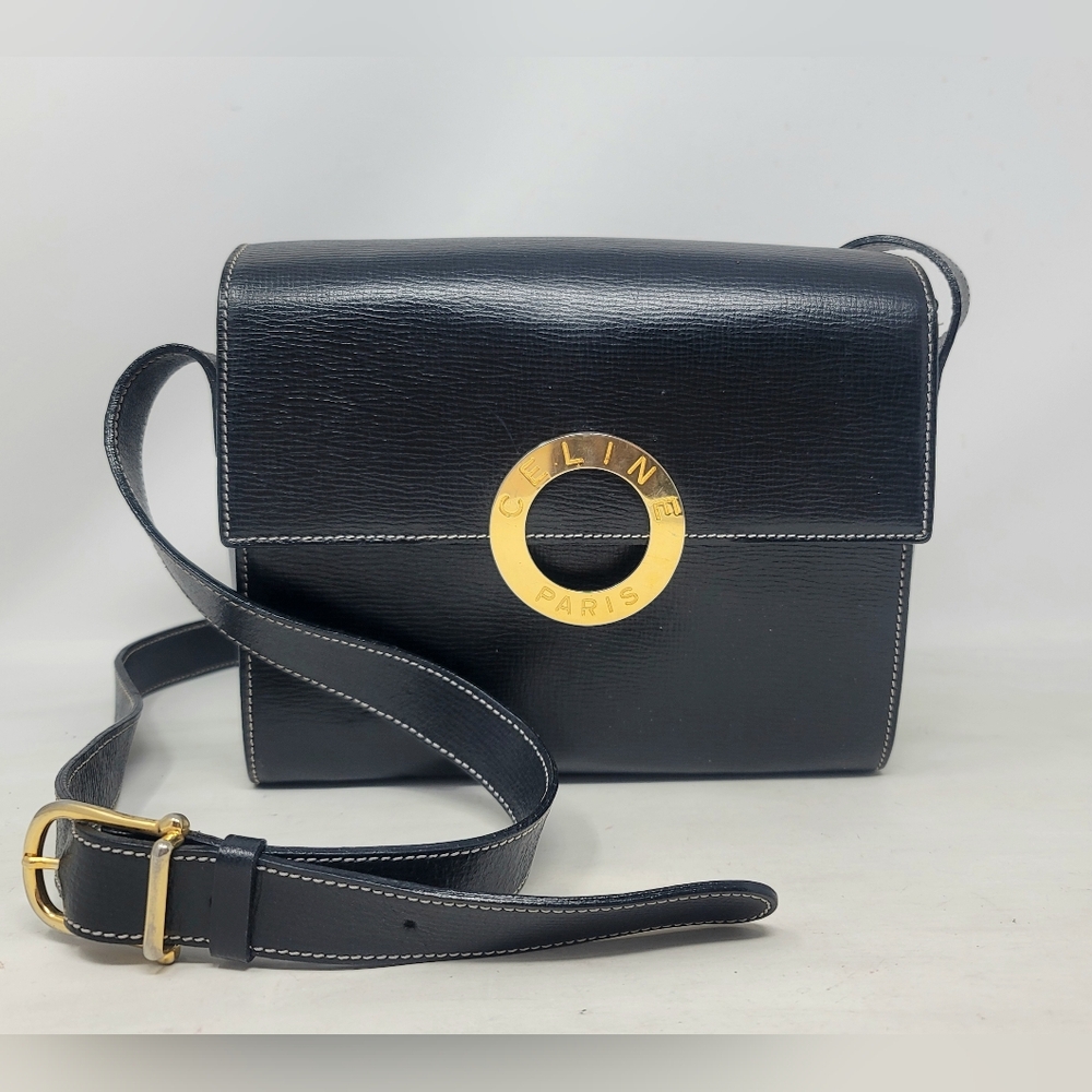 Vintage Celine Gold Ring Box Black Leather Small Crossbody Hand Bag Authentic